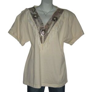 Joanie W Blouse Vintage 90's Western Fringe Studded Conche Aztec Cowgirl Boho L